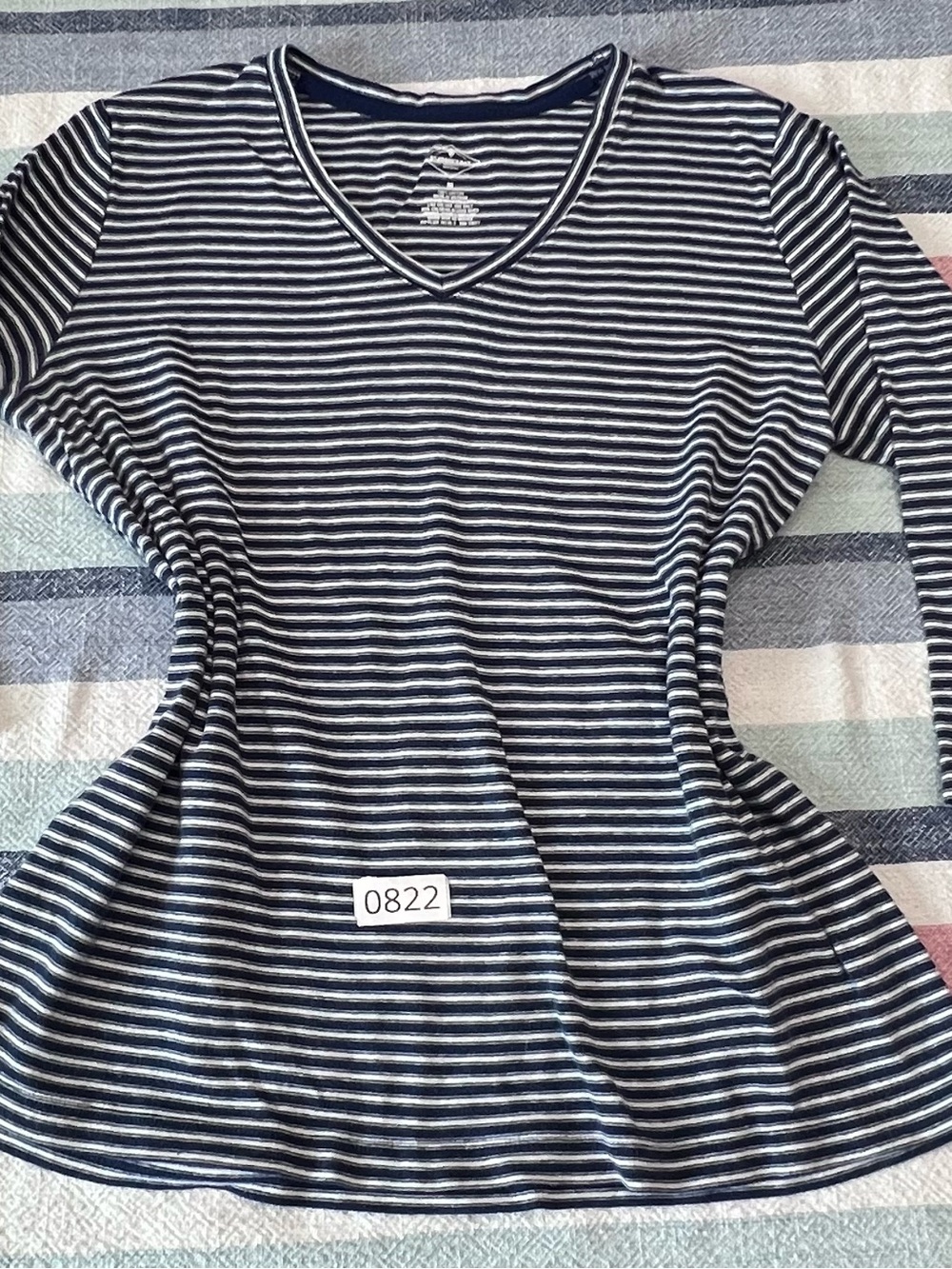 St. John's Bay Navy and White Striped V-Neck Long Sleeve Top